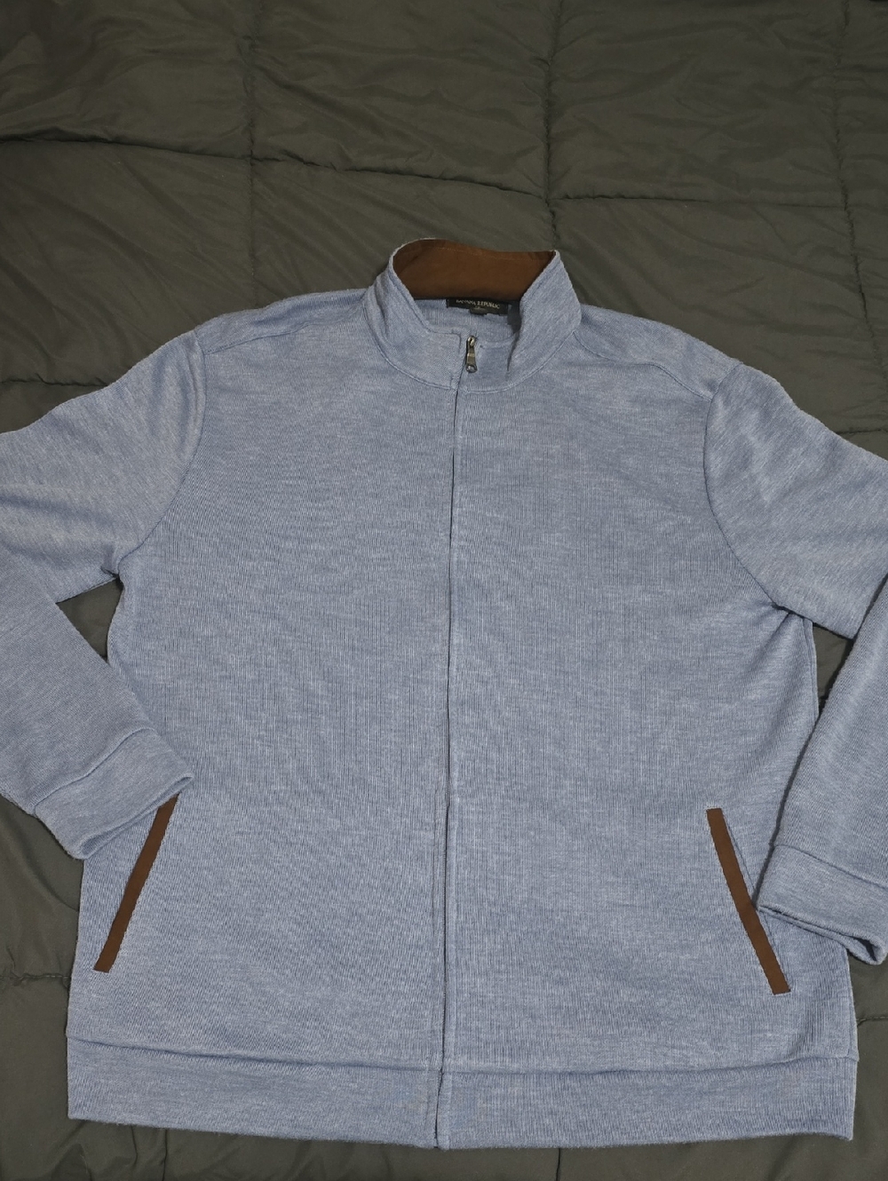 Banana Republic Mens Light Blue Full Zip Sweater Jacket Brown Trim XL NWT